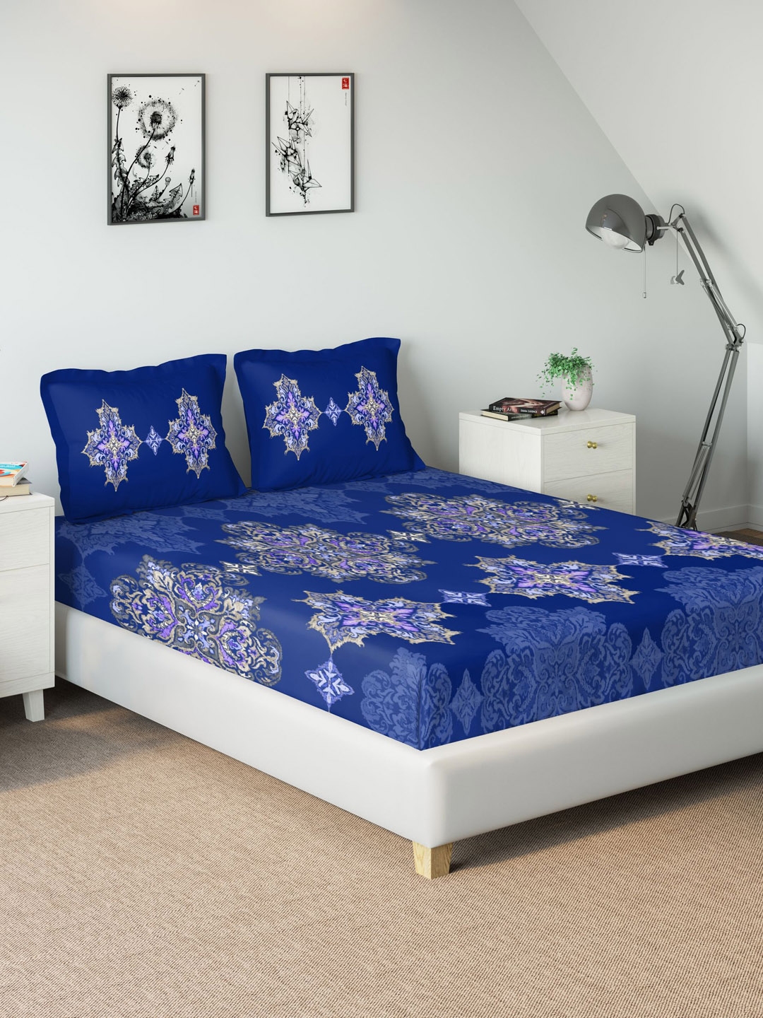 Buy DDecor Blue Printed Double Bed Cover With 2 Pillow Cover Bed
