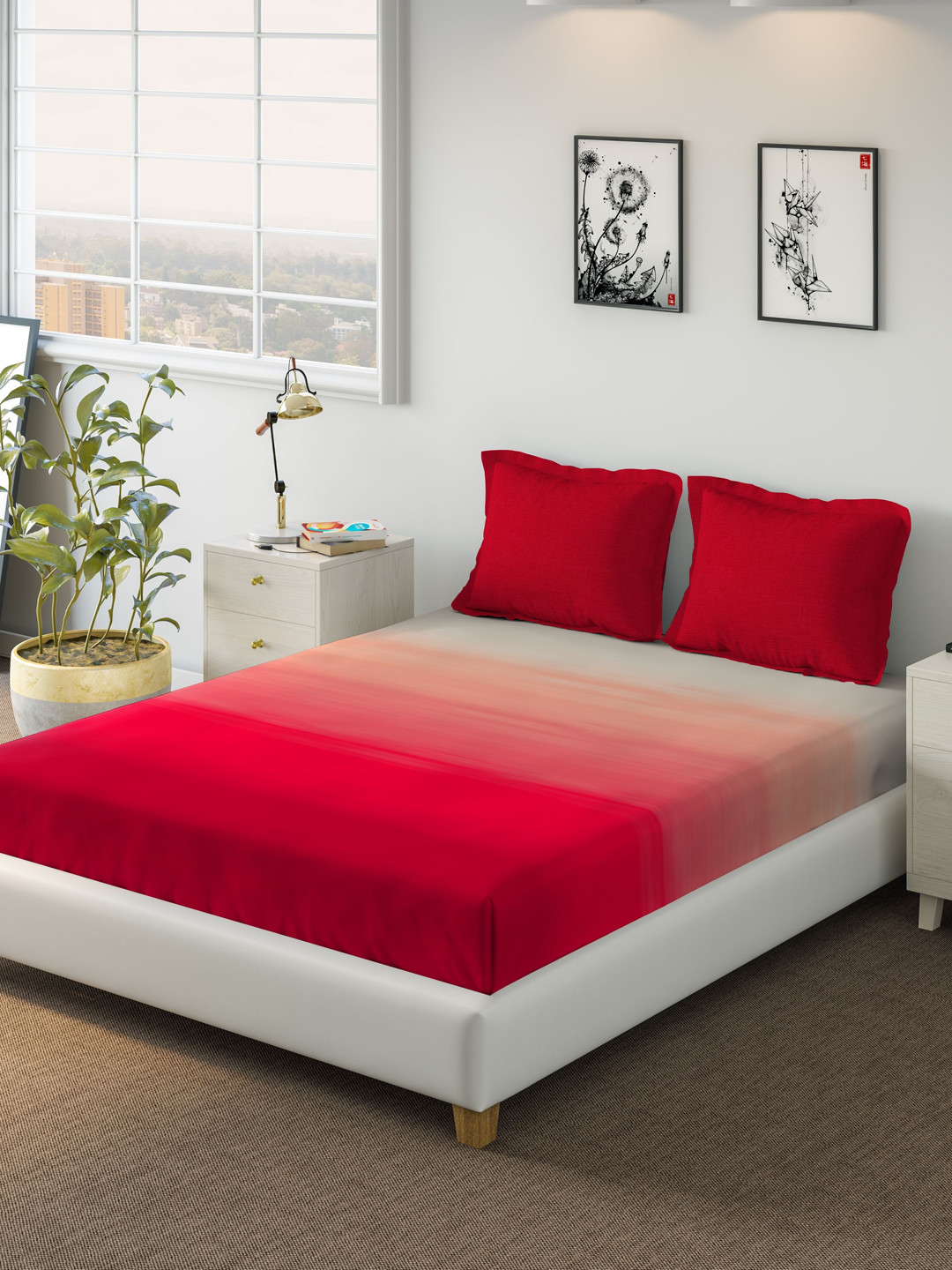 Buy DDecor Red Geometric 210 TC Cotton 1 King Bedsheet With 2 Pillow