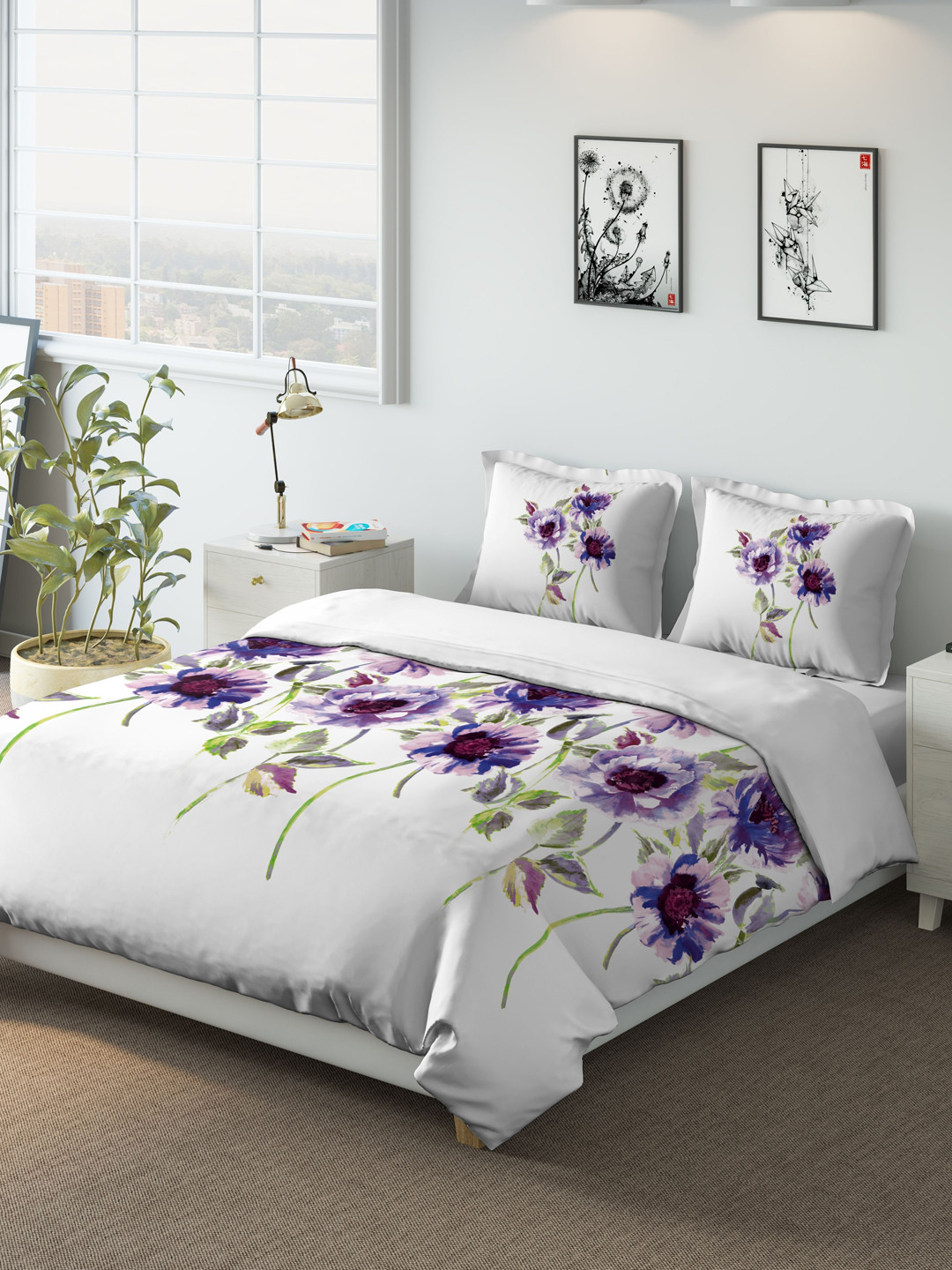 Buy DDecor Grey & Purple 180TC Printed Bedding Set With Duvet Cover