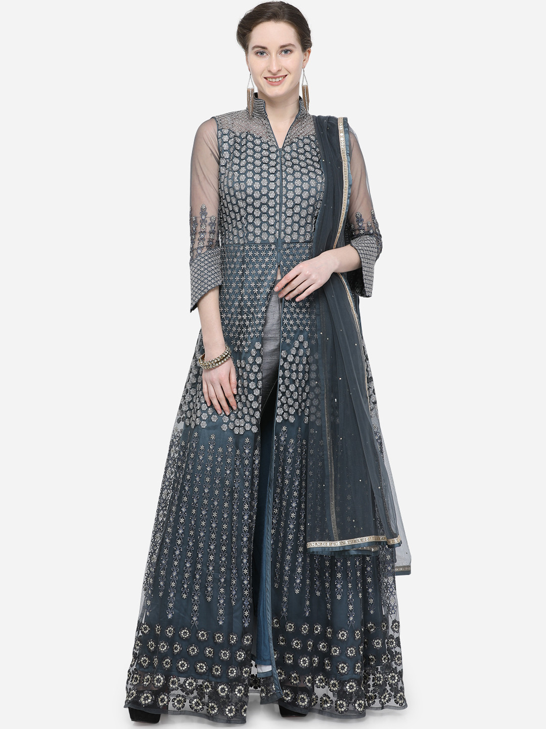 Buy Stylee LIFESTYLE Grey & Silver Coloured Net Semi Stitched Dress