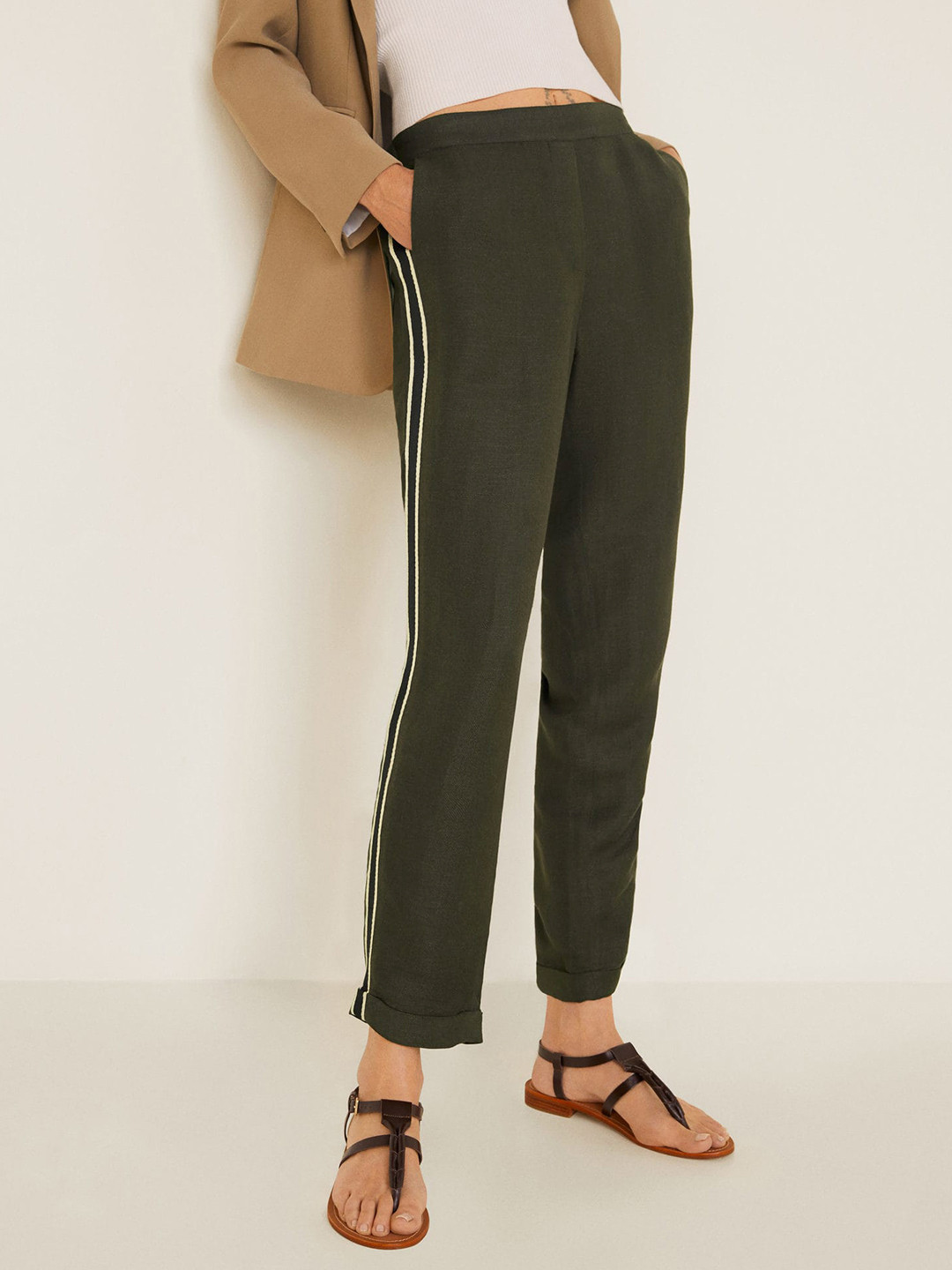 Buy MANGO Women Olive Green Regular Fit Solid Trousers - Trousers for ...