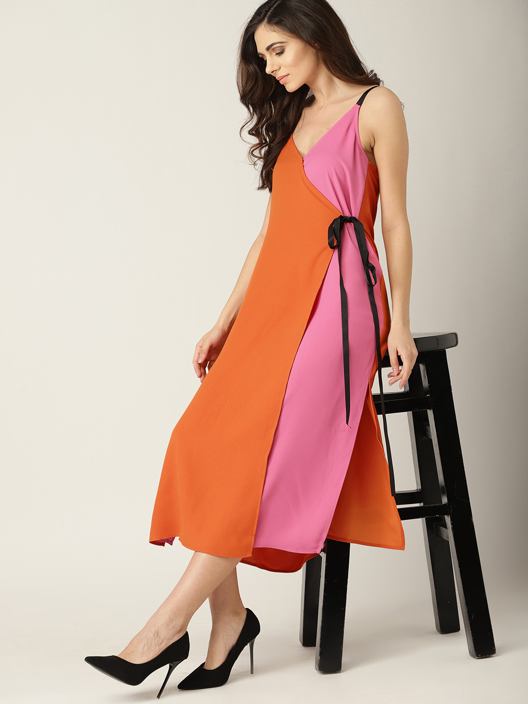 Buy MANGO Women Orange & Pink Colourblocked Layered Wrap Dress Dresses for Women 9432713 Myntra