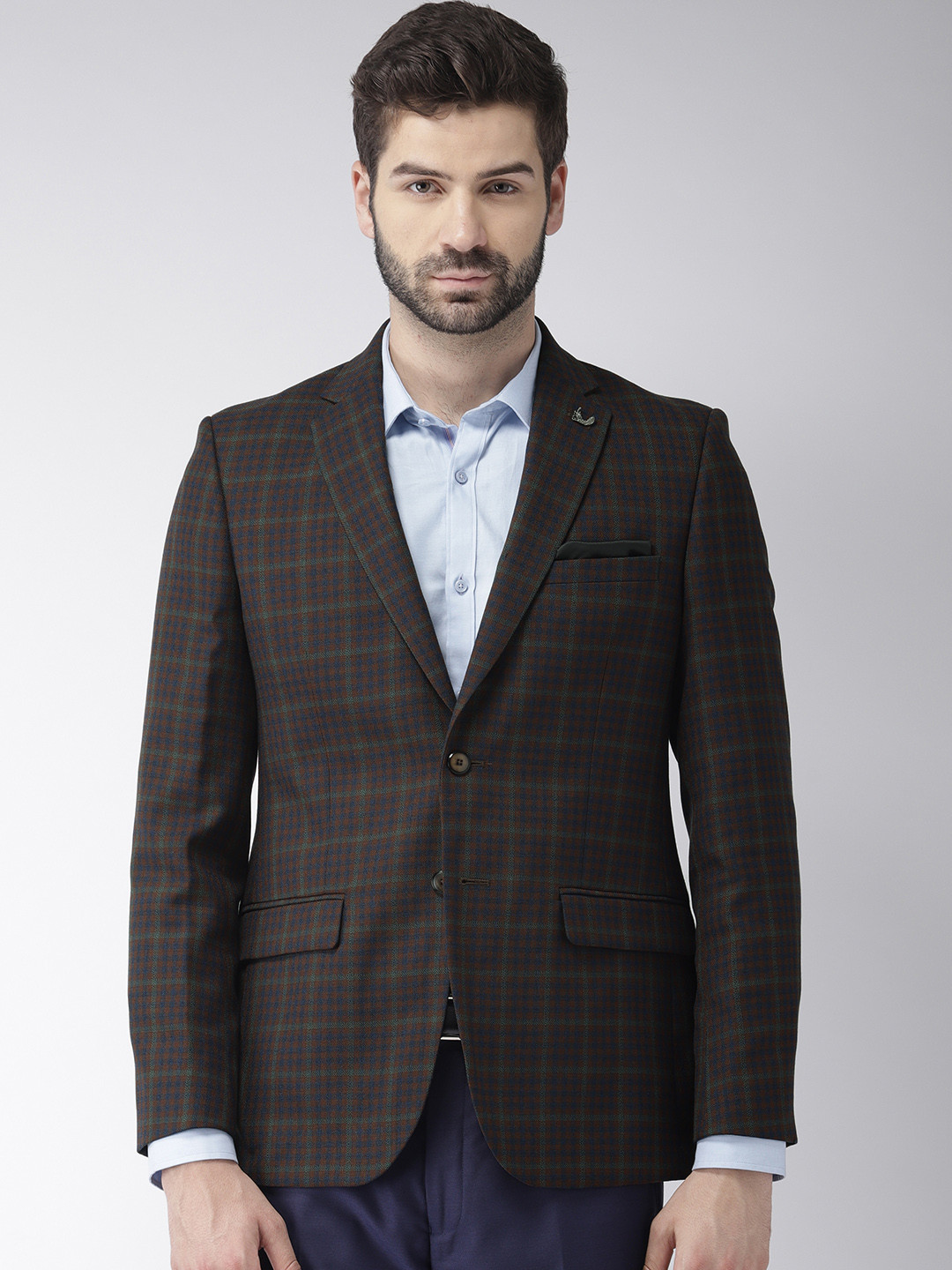 Buy Raymond Men Brown & Navy Blue Contemporary Fit Checked Single