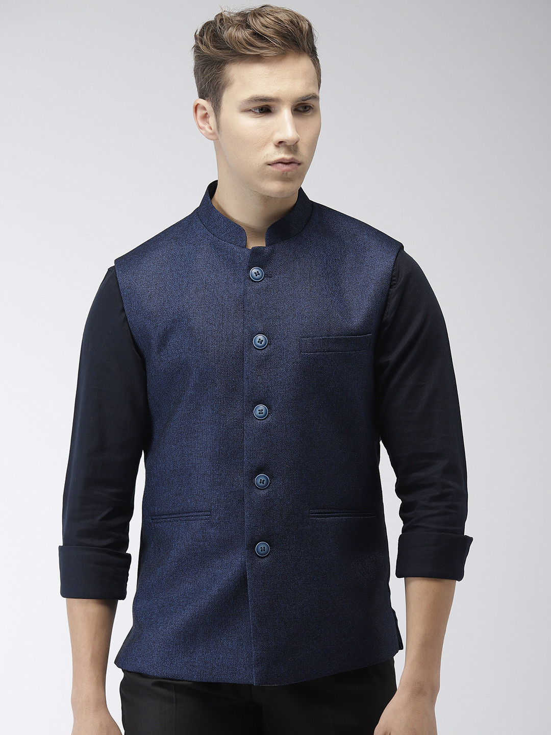 Buy Raymond Men Blue Self Design Contemporary Fit Nehru Jacket - Nehru Jackets for Men 9434637 