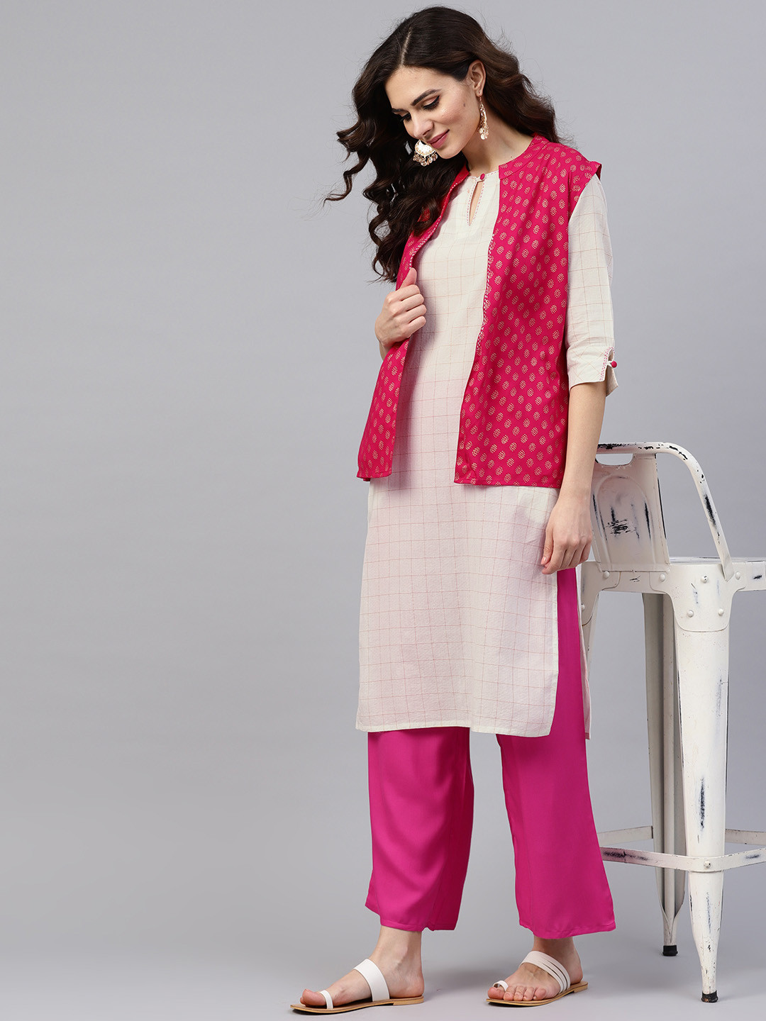 Buy Jaipur Kurti Women Off White & Pink Checked Kurta With Palazzos