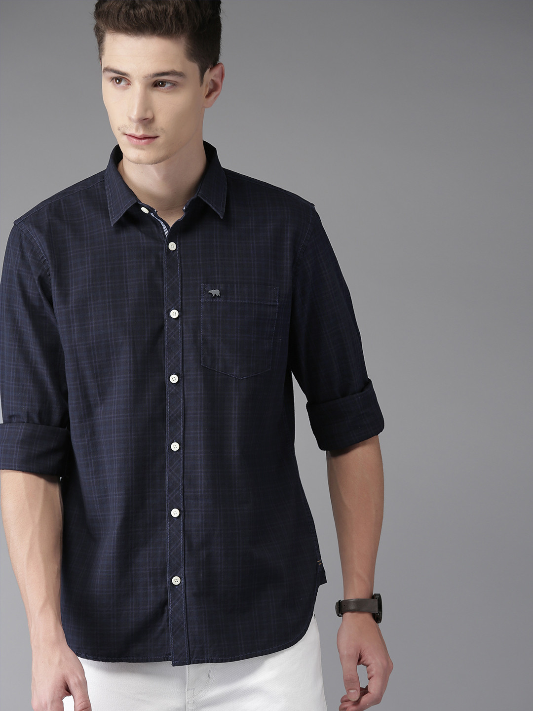 Buy THE BEAR HOUSE Men Navy Blue Regular Fit Checked Casual Shirt ...