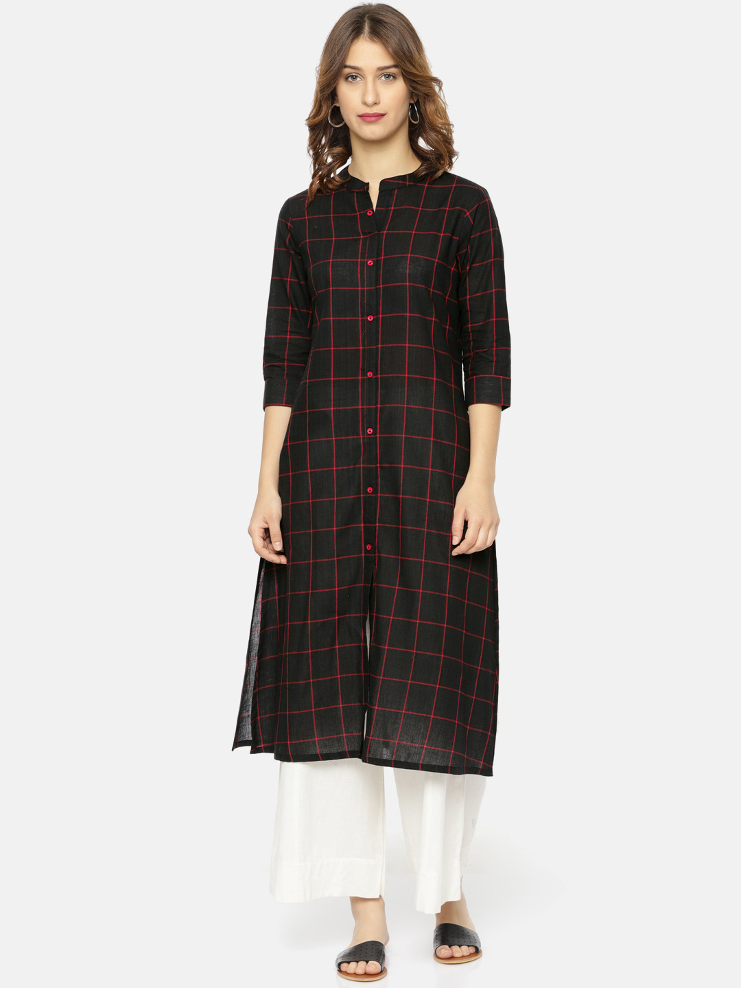 Women Pink & Red Straight Checked Printed Kurta And Skirt Set
