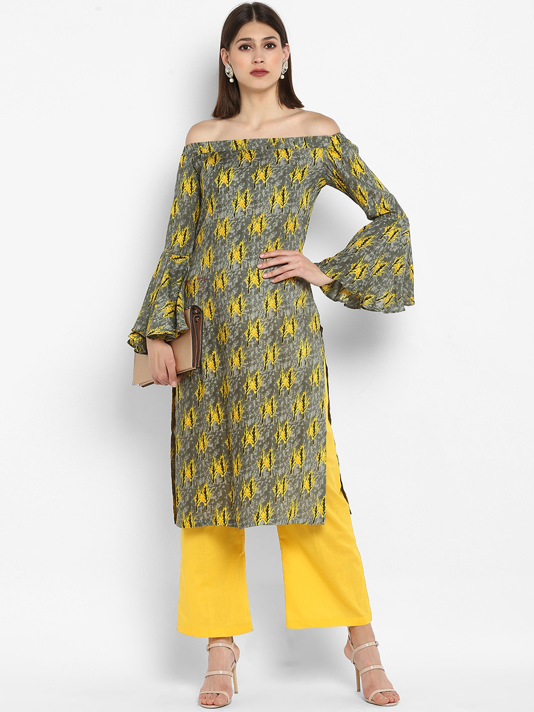 Buy MBE Women Green & Yellow Printed Straight Kurta Kurtas for Women