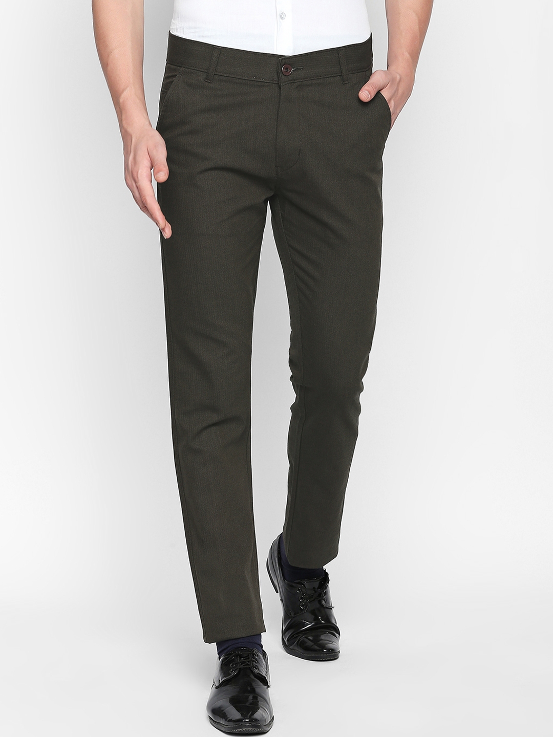 Buy Hancock Men Olive Green Slim Fit Self Design Formal Trousers ...