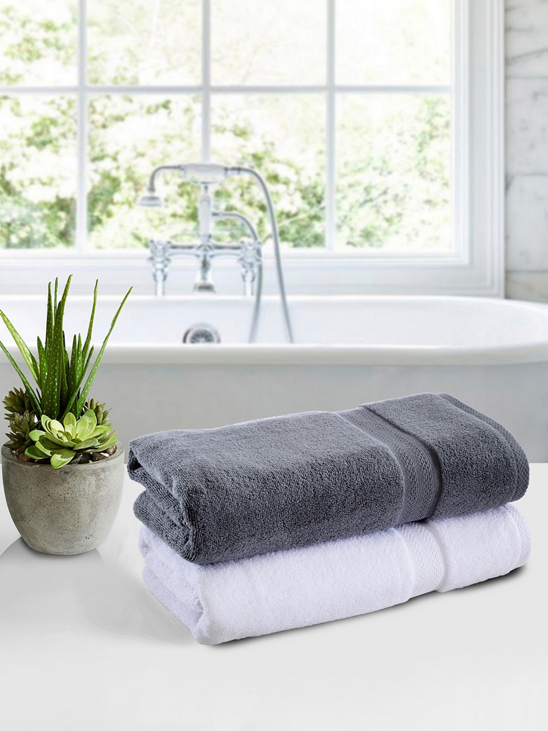 Buy BIANCA Set Of 2 Grey & White Solid 500GSM Bath Towels Bath Towels