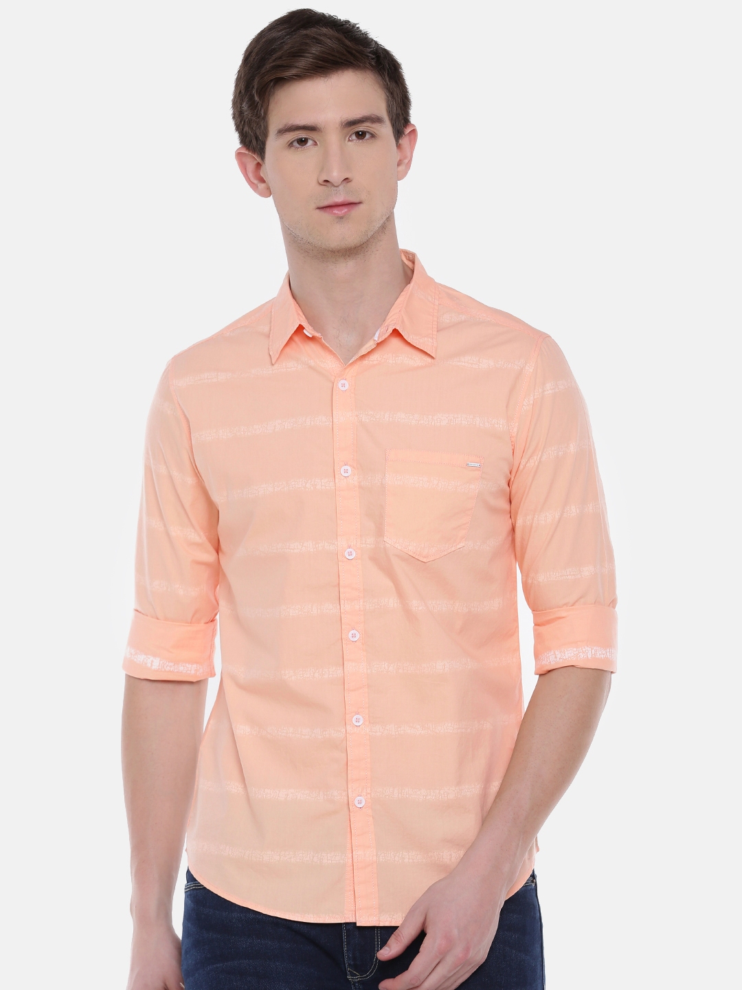 Buy SPYKAR Men Peach Coloured Regular Fit Self Design Casual Shirt ...