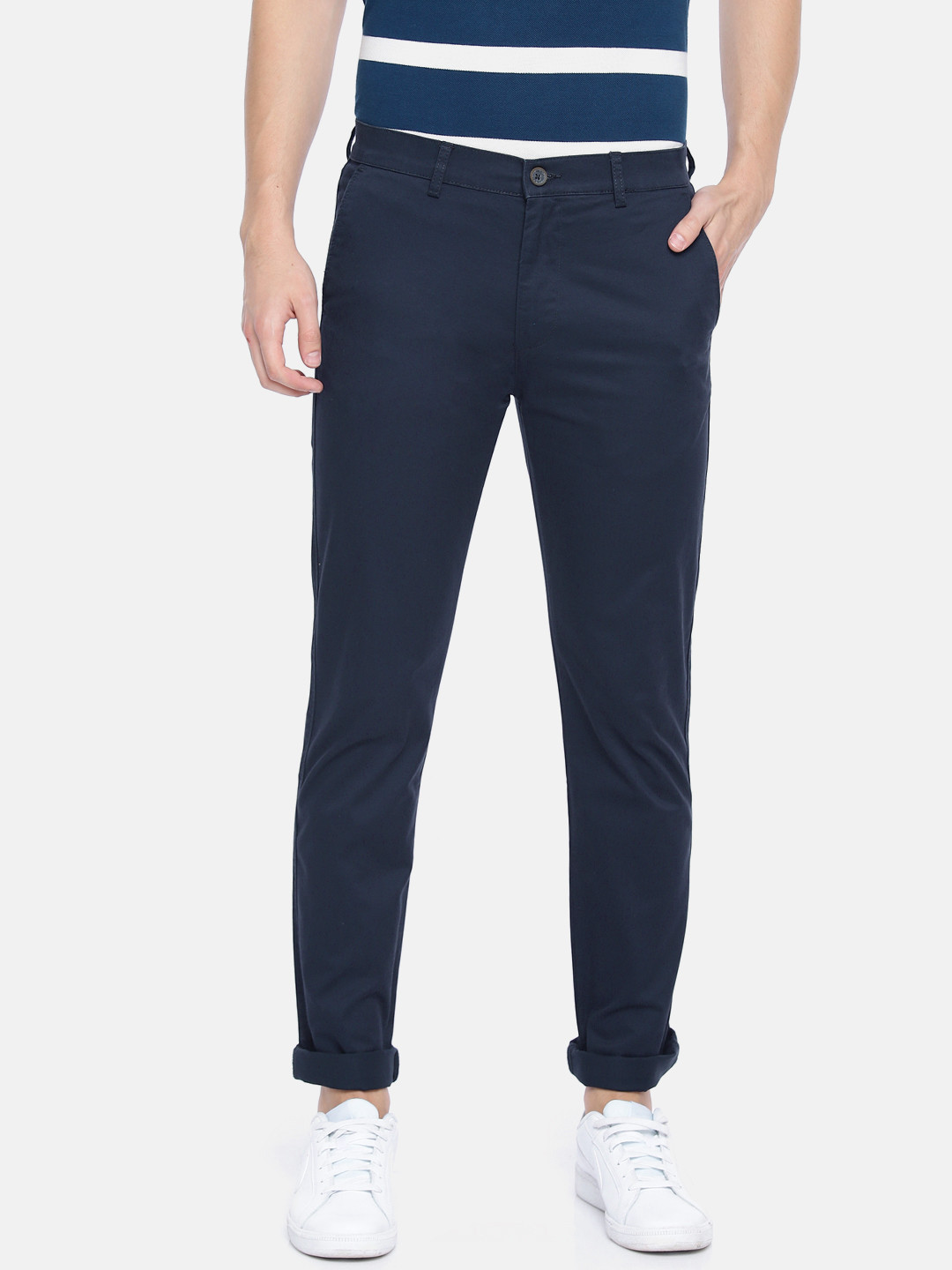 Buy Peter England Casuals Men Navy Blue Super Slim Fit Solid Chinos