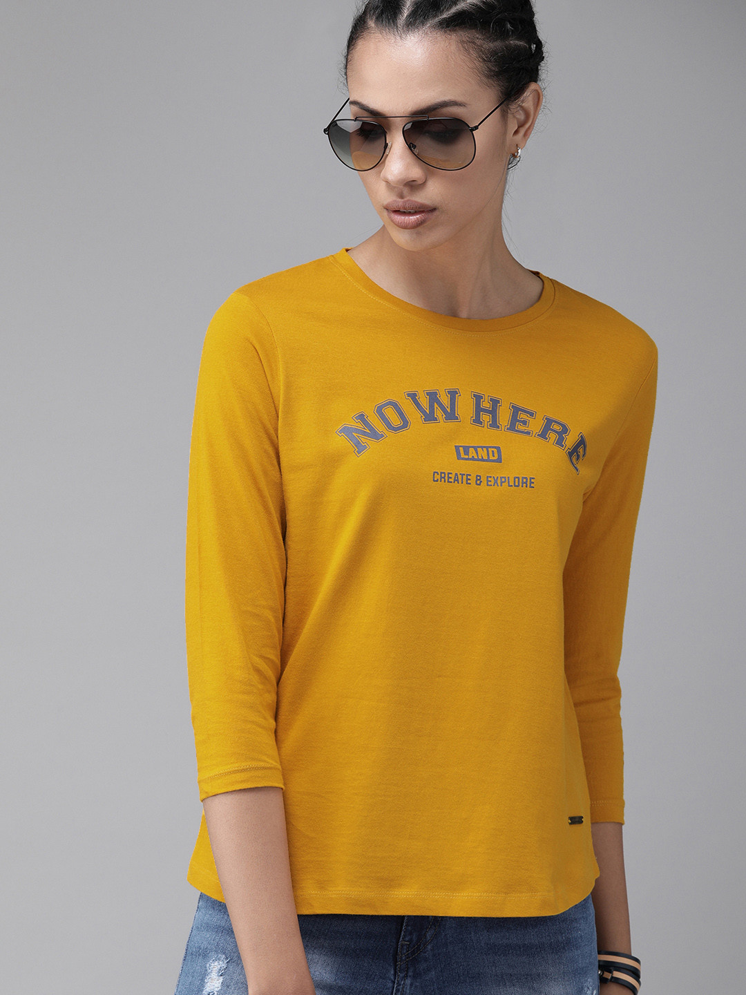 Buy The Roadster Lifestyle Co Women Mustard Yellow Printed Round Neck T