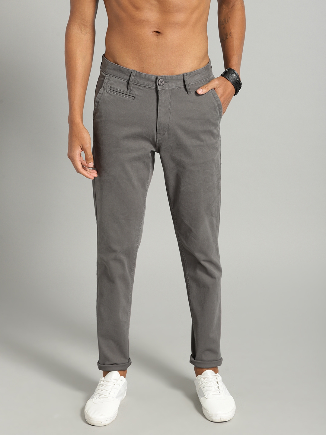 mens grey trousers with white stripe