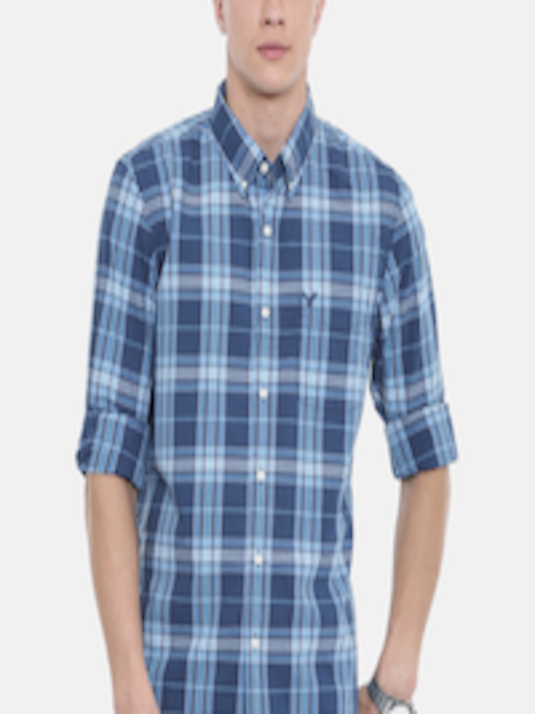 Buy AMERICAN EAGLE OUTFITTERS Men Blue Slim Fit Checked Casual Shirt ...