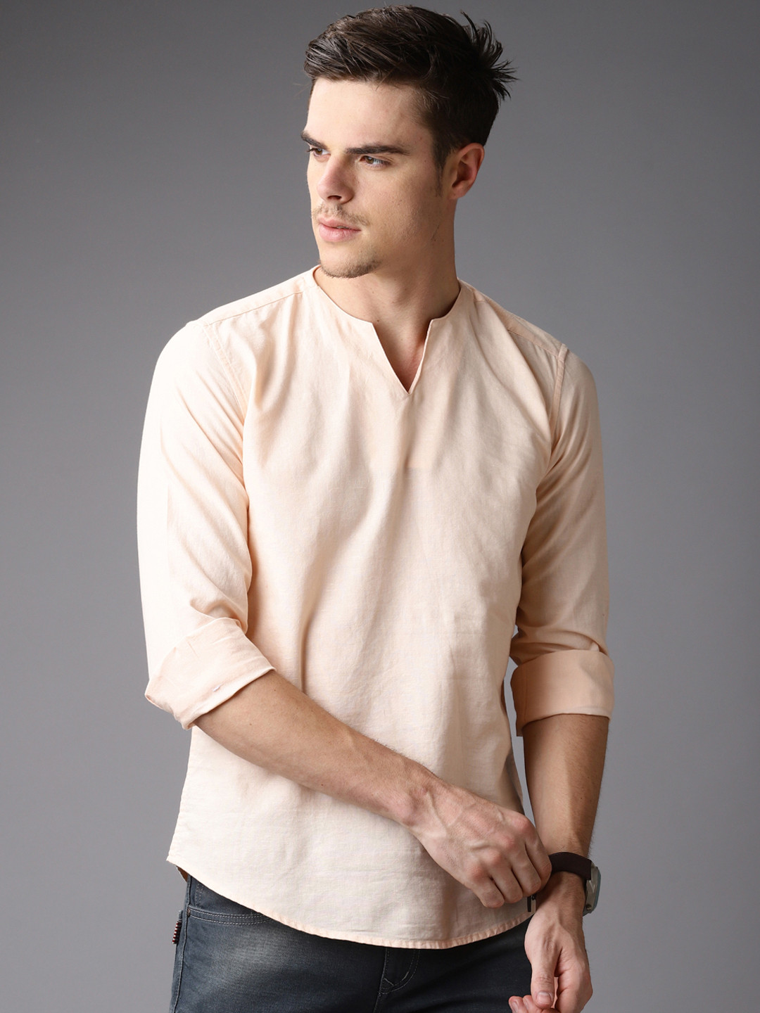 Men Peach Woven Straight Kurta main image 1