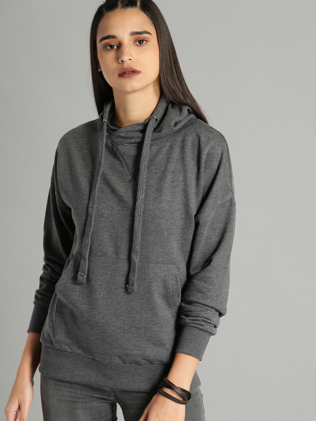 Buy The Roadster Lifestyle Co Women Charcoal Solid Hooded Sweatshirt