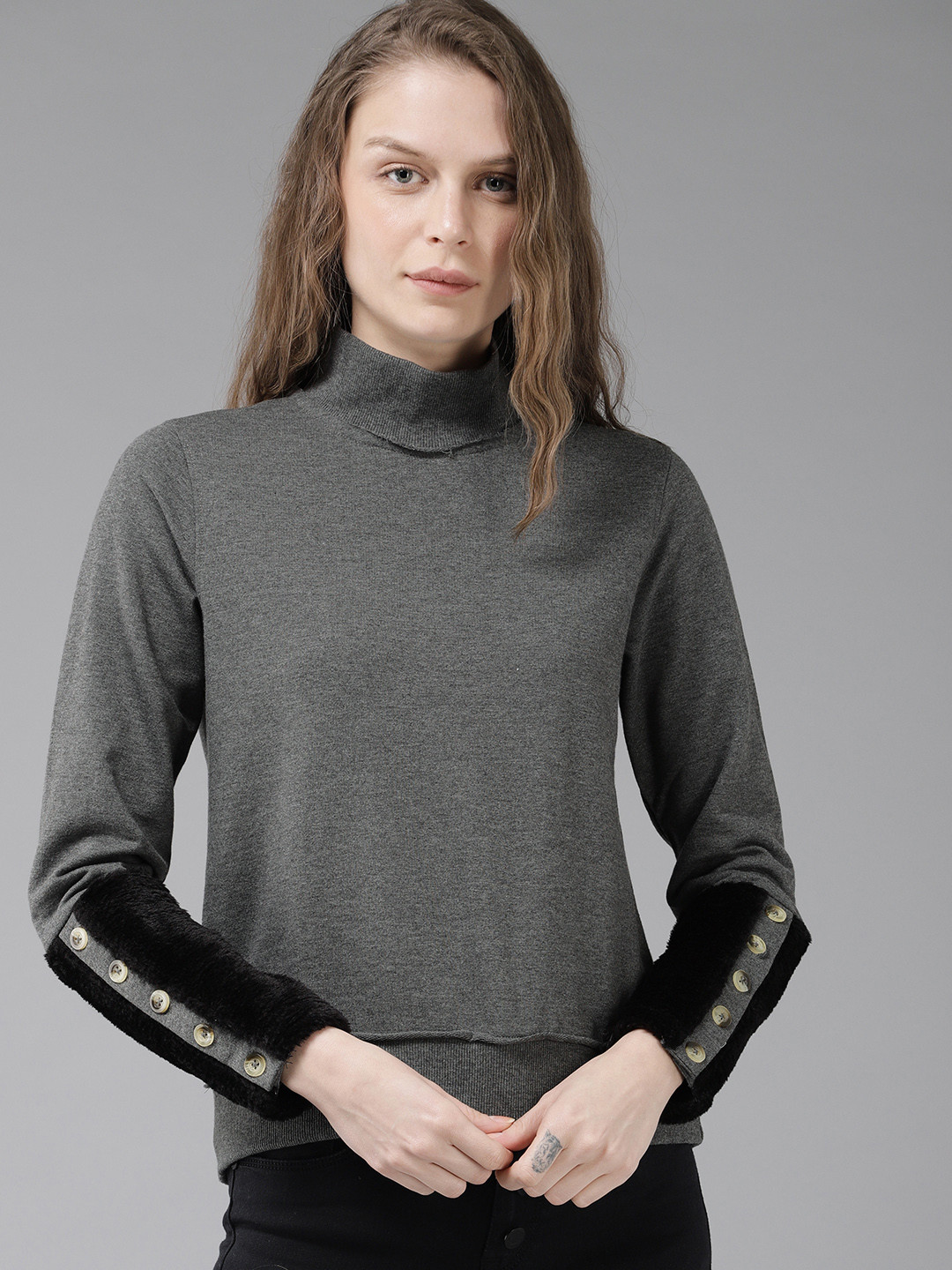 Buy The Roadster Lifestyle Co Women Charcoal Grey Solid Sweatshirt