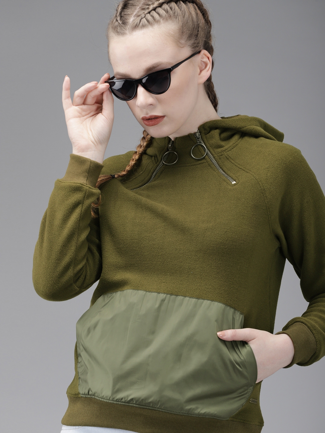 Buy The Roadster Lifestyle Co Women Olive Green Solid Hooded Sweatshirt ...