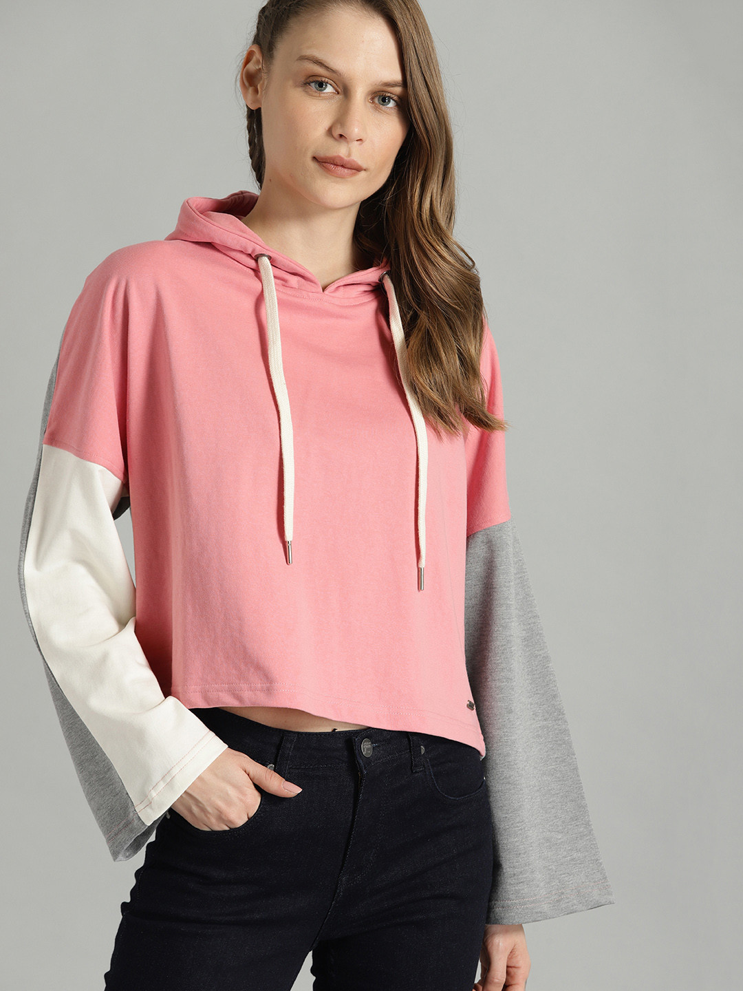 Buy The Roadster Lifestyle Co Women Pink & Grey Solid Hooded Crop Sweatshirt - Sweatshirts for 