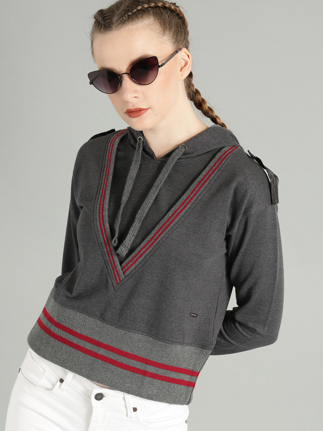 Buy The Roadster Lifestyle Co Women Charcoal Solid Hooded Sweatshirt