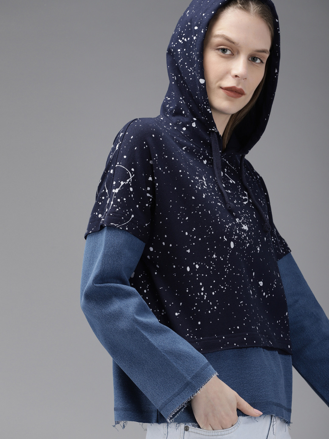 Buy The Roadster Lifestyle Co Women Navy Blue Printed Hooded Sweatshirt