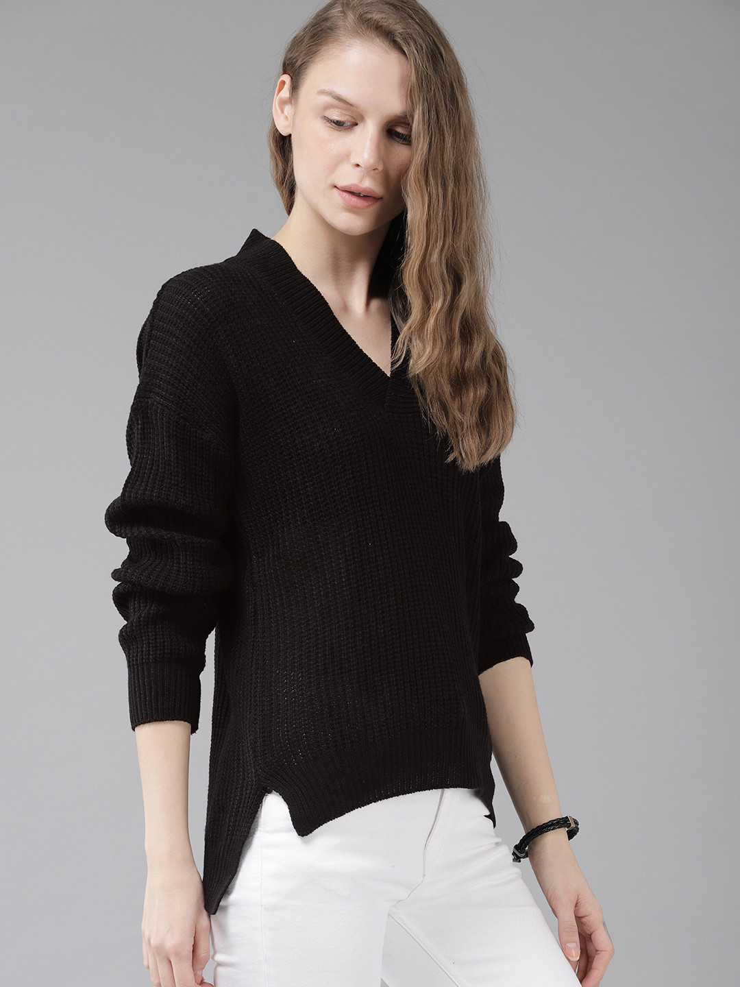 Buy The Roadster Lifestyle Co Women Black Solid Sweater Sweaters for