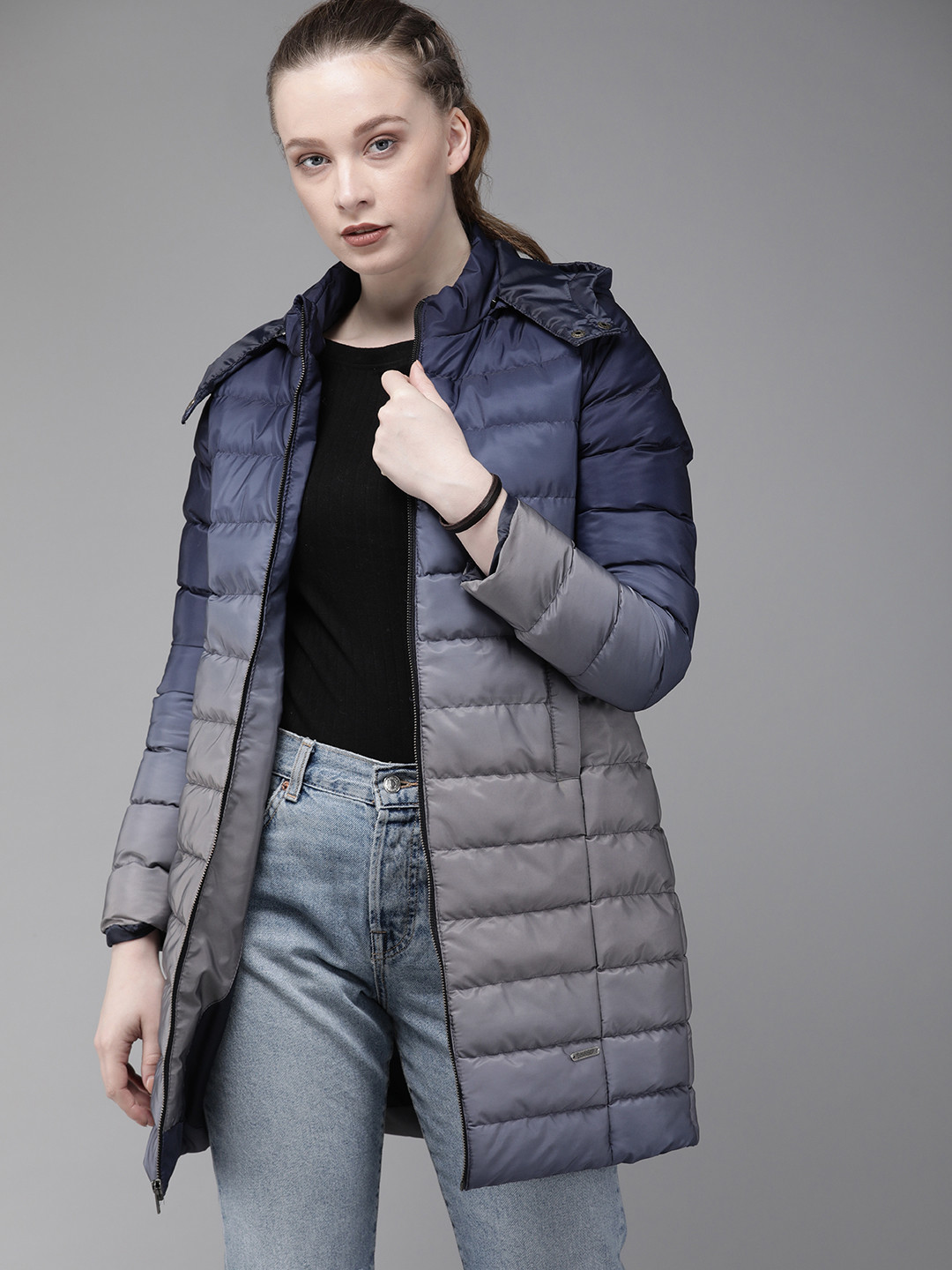 Buy The Roadster Lifestyle Co Women Navy Blue Solid Ombre Jacket