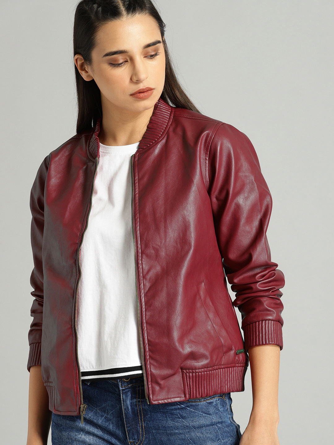 Women's Maroon Shirt Collar Bomber Jacket with Piping Detail