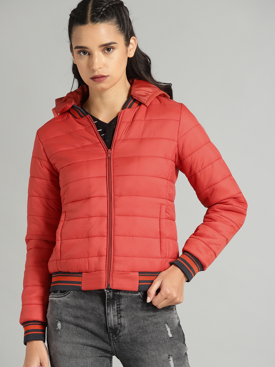 Buy The Roadster Lifestyle Co Women Rust Red Solid Puffer Jacket ...
