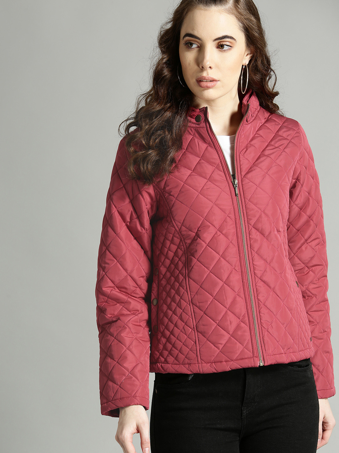 Buy The Roadster Lifestyle Co Women Red Solid Quilted Jacket Jackets