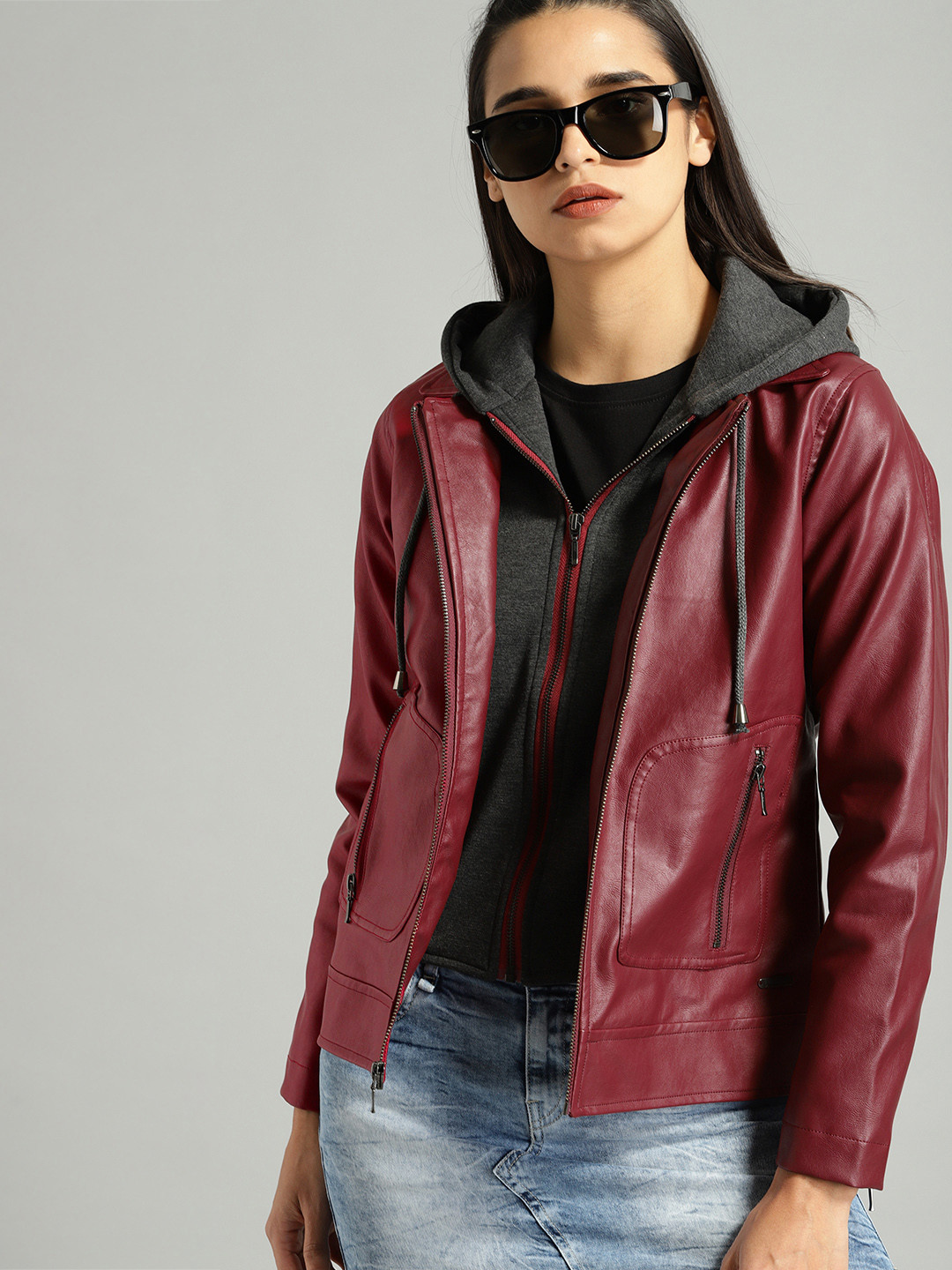 Buy The Roadster Lifestyle Co Women Maroon Solid Hooded Biker Jacket