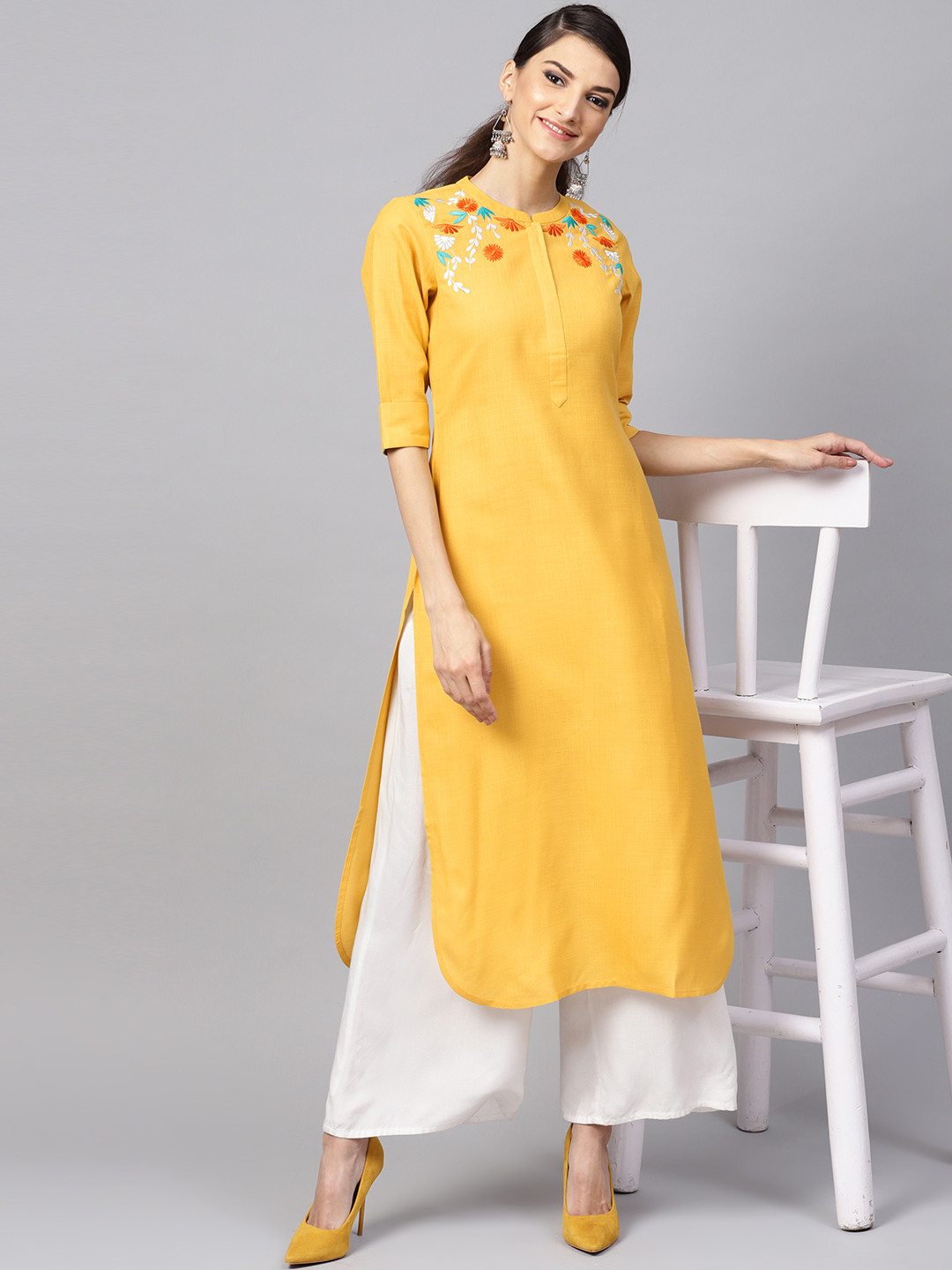 Buy Libas Women Mustard Yellow Solid A Line Kurta Kurtas for Women