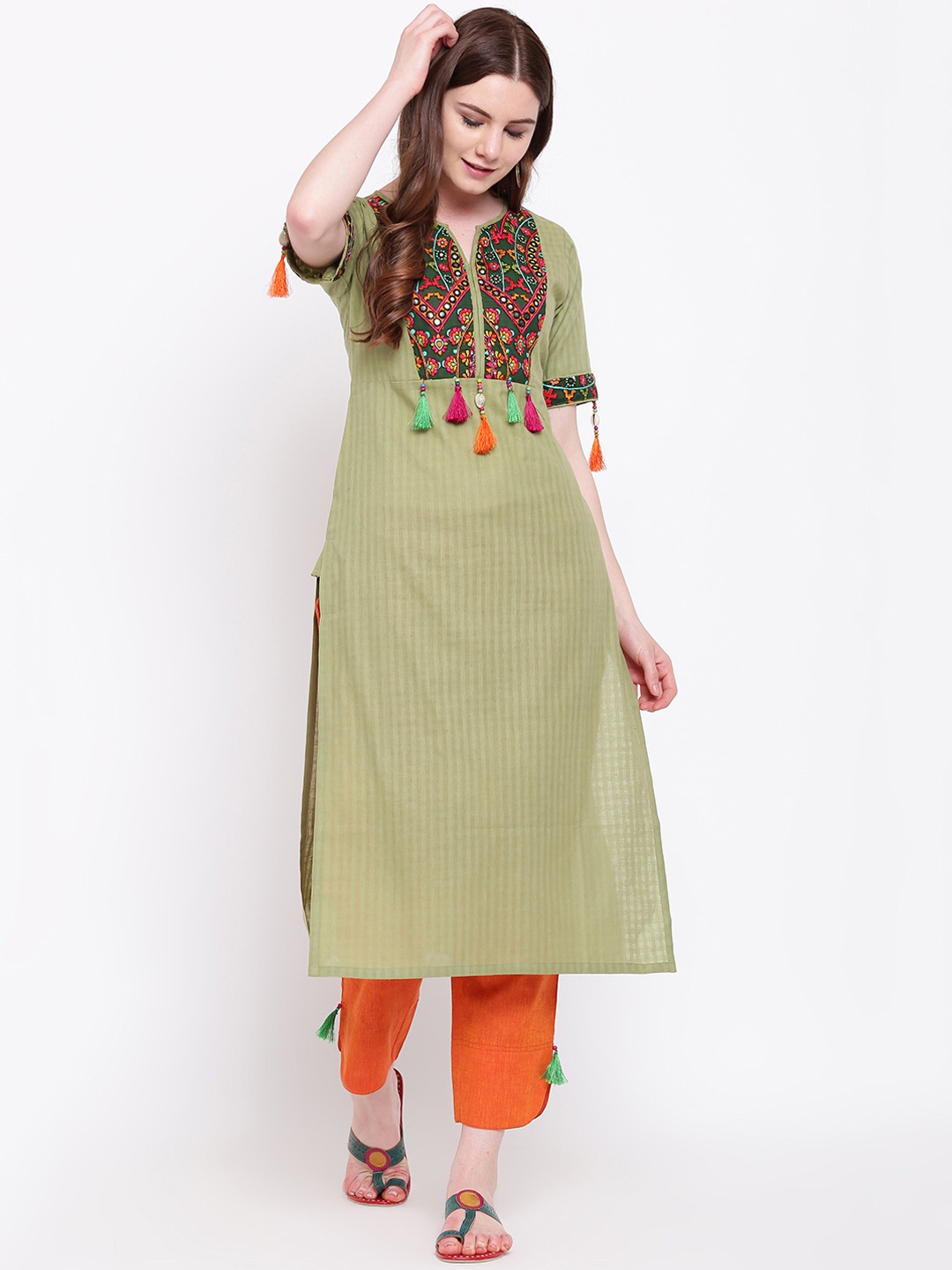 Buy Shakumbhari Women Green & Orange Embroidered Kurta With Trousers ...