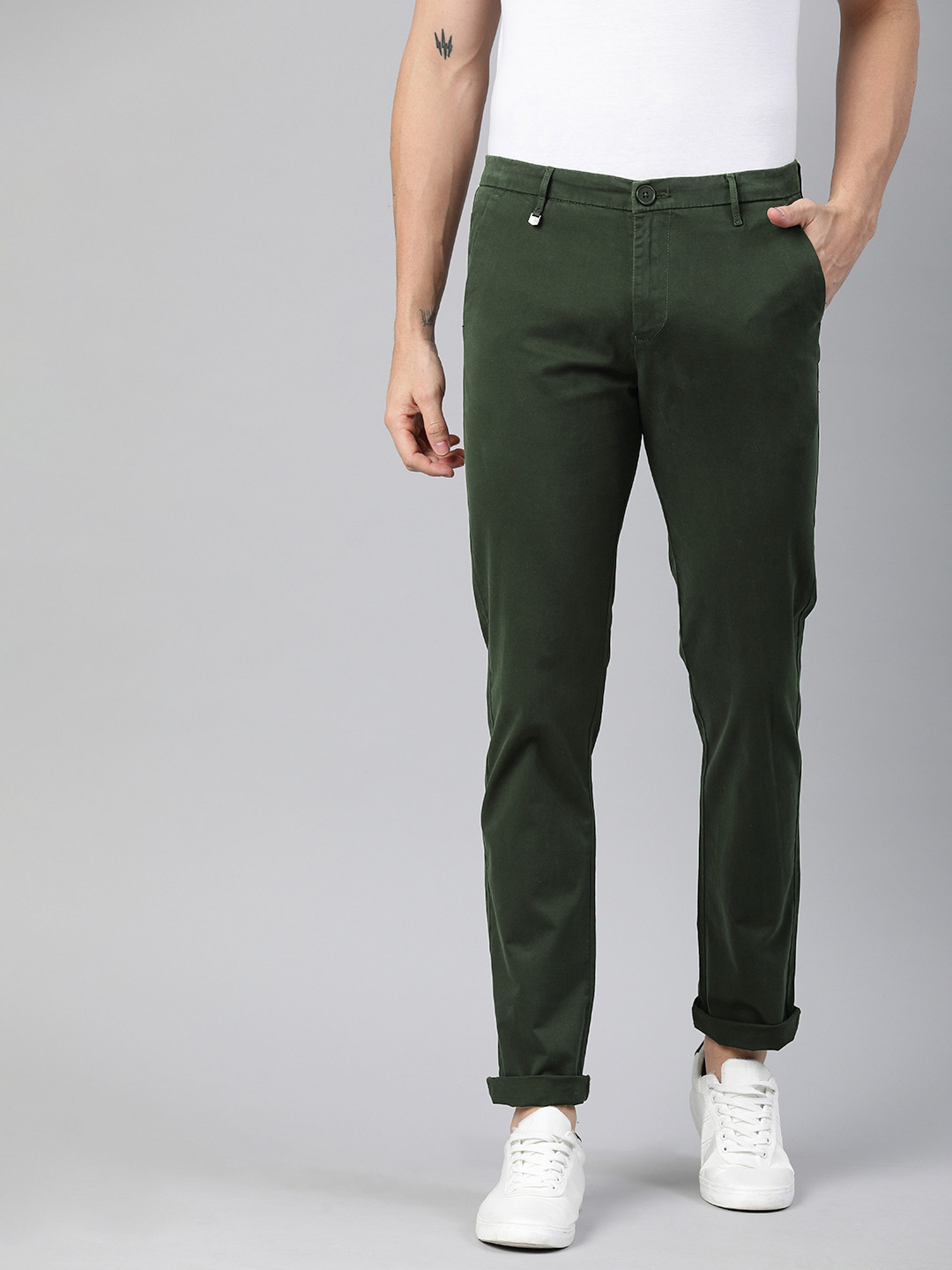 Buy SPYKAR Men Olive Green Slim Fit Solid Chinos - Trousers for Men ...