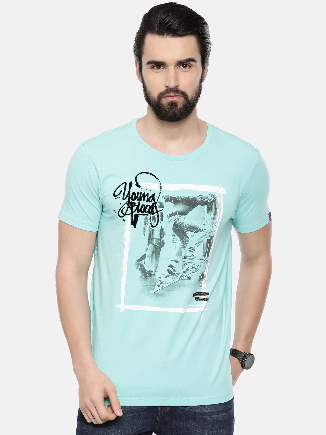 Buy SPYKAR Men Turquoise Blue Printed Round Neck T Shirt - Tshirts for ...