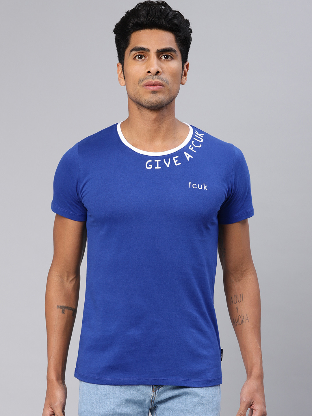 Buy French Connection Men Blue Slim Fit Printed Round Neck Pure Cotton
