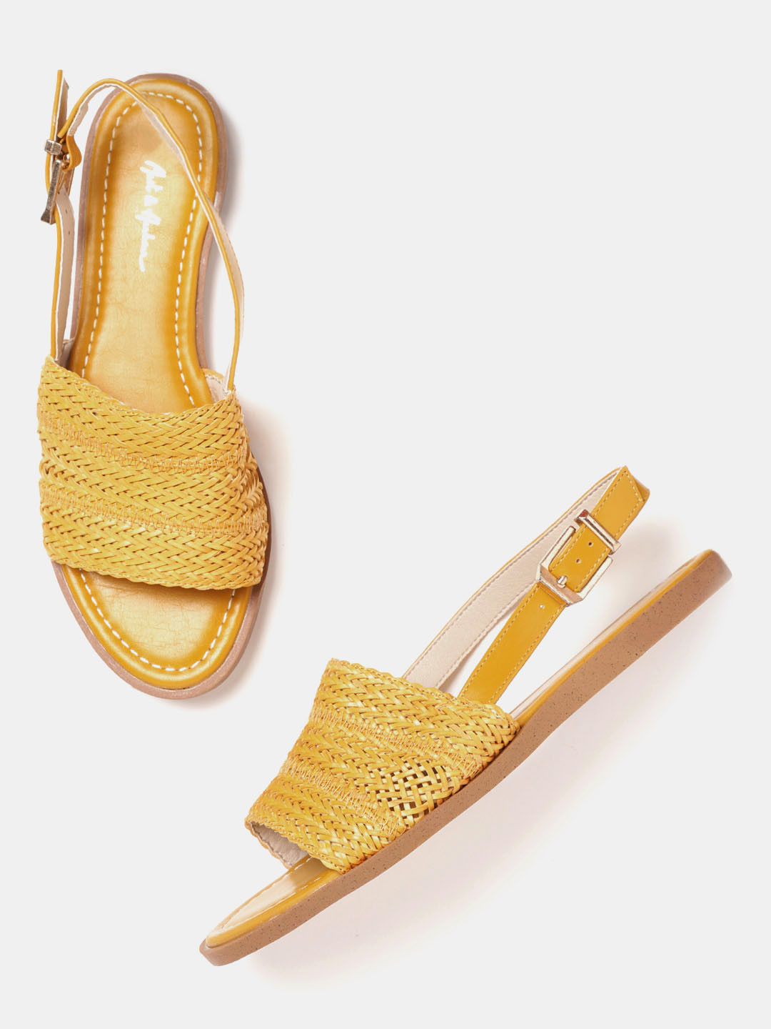 Buy Mast & Harbour Women Mustard Yellow Woven Design Open Toe Flats