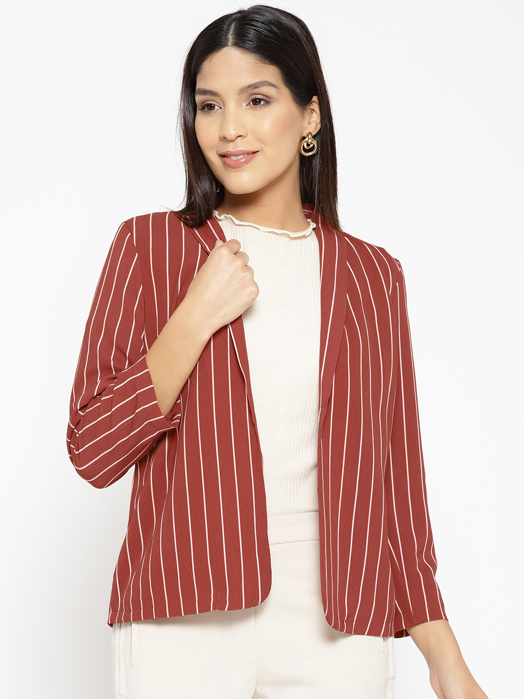 Buy Vero Moda Women Rust Orange & White Striped Front Open Casual ...