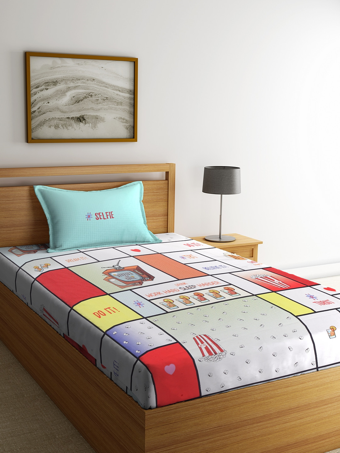 Buy SPACES Multicoloured Graphic 180 TC Cotton Single Bedsheet With