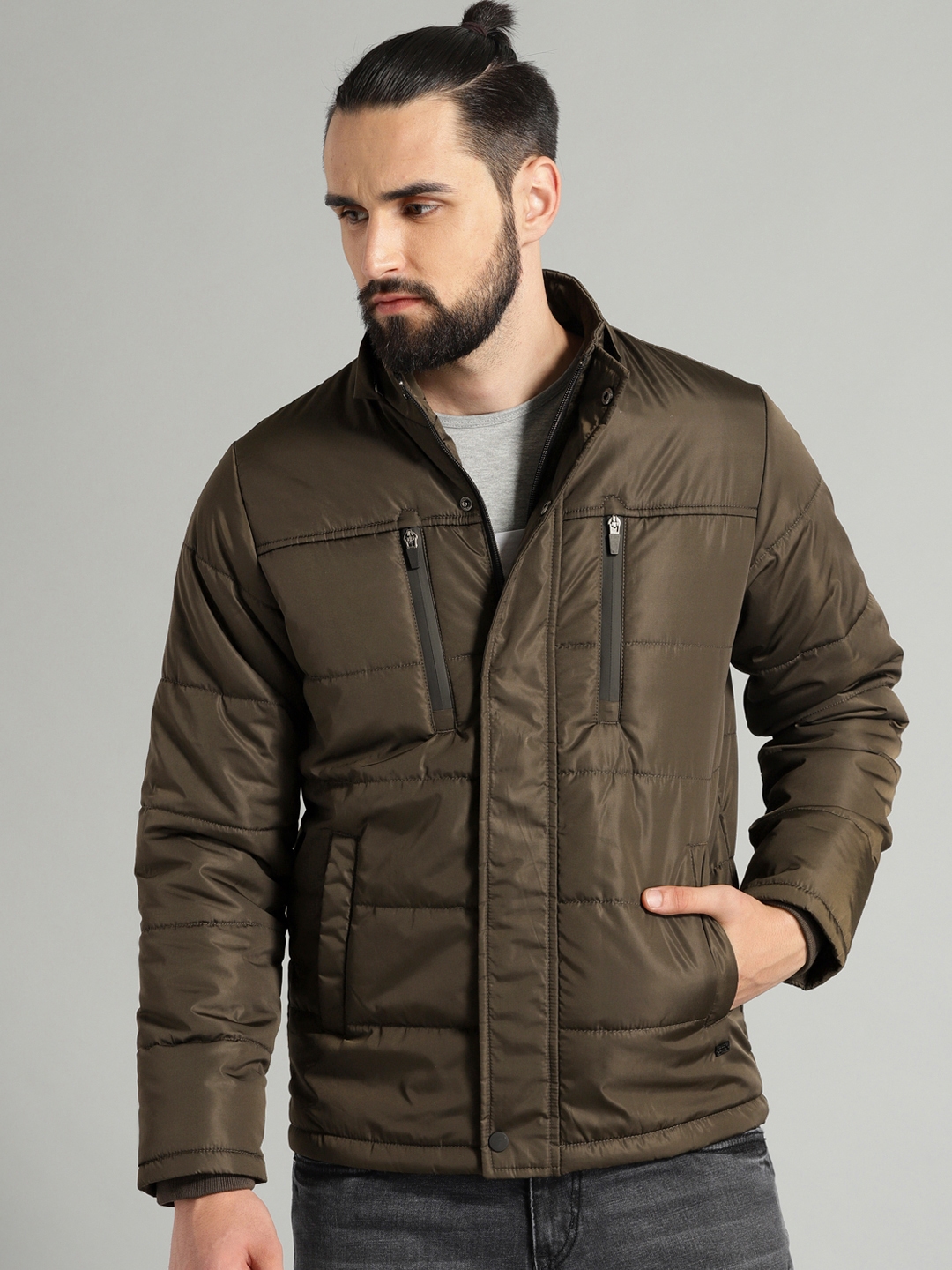 Buy The Roadster Lifestyle Co Men Olive Green Solid Jacket With ...