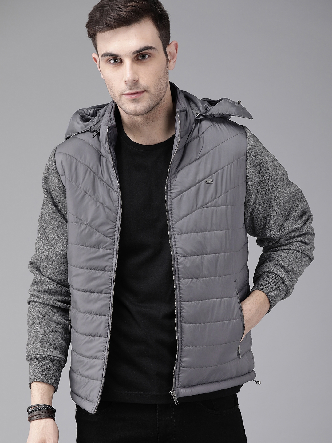 Buy The Roadster Lifestyle Co Men Grey Solid Puffer Hooded Jacket ...