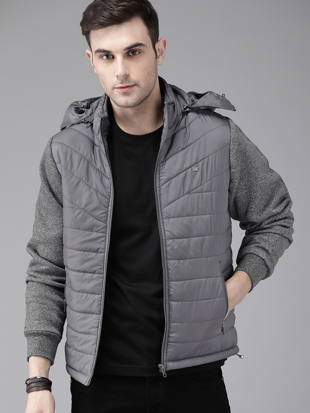 Buy The Roadster Lifestyle Co Men Grey Solid Puffer Hooded Jacket