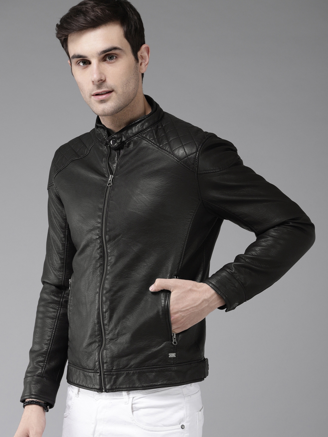 Buy The Roadster Lifestyle Co Men Black Solid Biker Jacket - Jackets ...