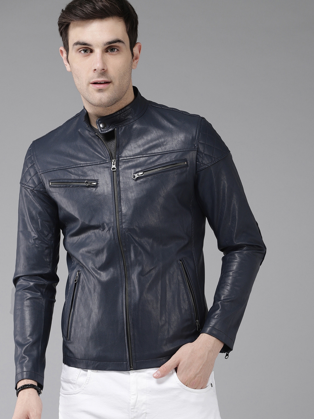 Buy The Roadster Lifestyle Co Men Navy Blue Solid Biker Jacket