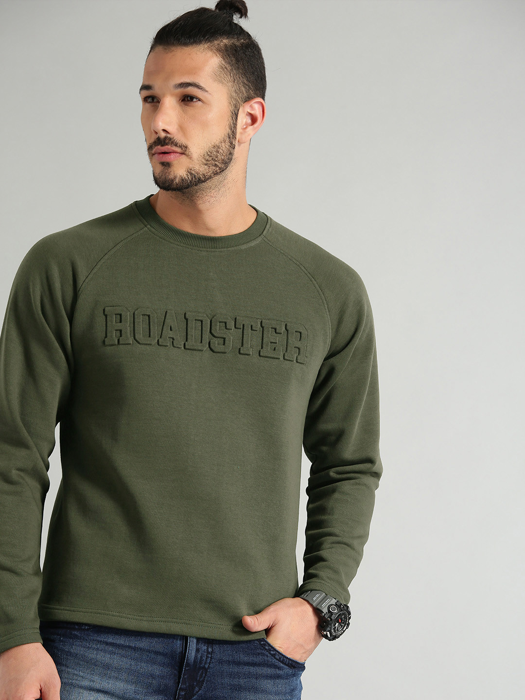 Buy The Roadster Lifestyle Co Men Olive Green Solid Pullover Sweatshirt