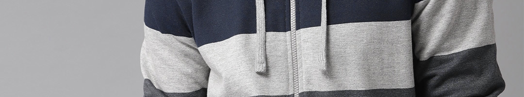 Buy The Roadster Lifestyle Co Men Grey & Navy Blue Striped Hooded ...