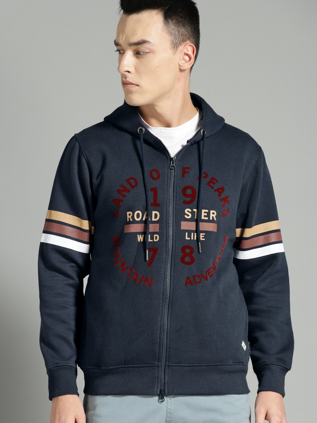 Buy The Roadster Lifestyle Co Men Navy Blue Printed Hooded Sweatshirt ...