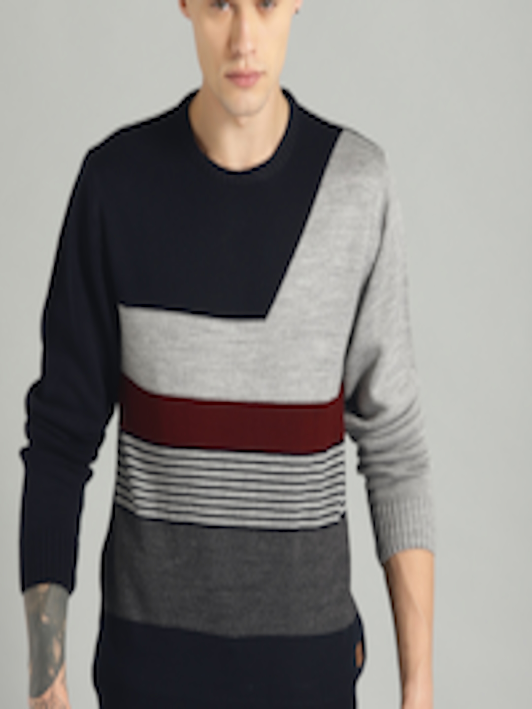 Buy The Roadster Lifestyle Co Men Navy Blue & Grey Striped Sweater ...