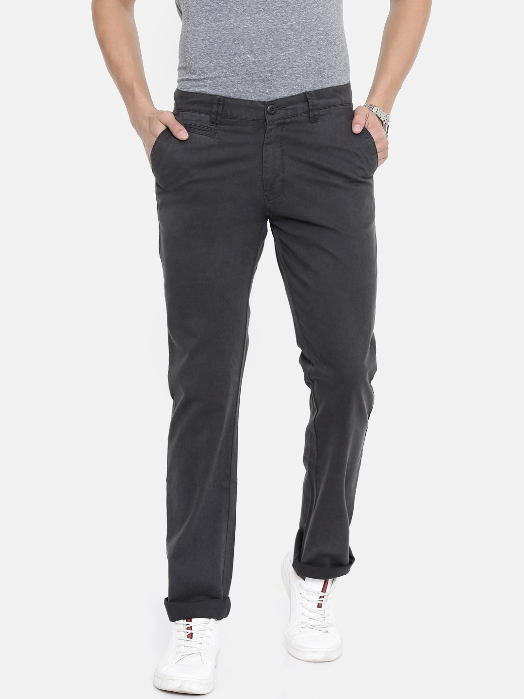 Buy Cotton Colors Men Charcoal Grey Slim Fit Solid Chinos - Trousers ...